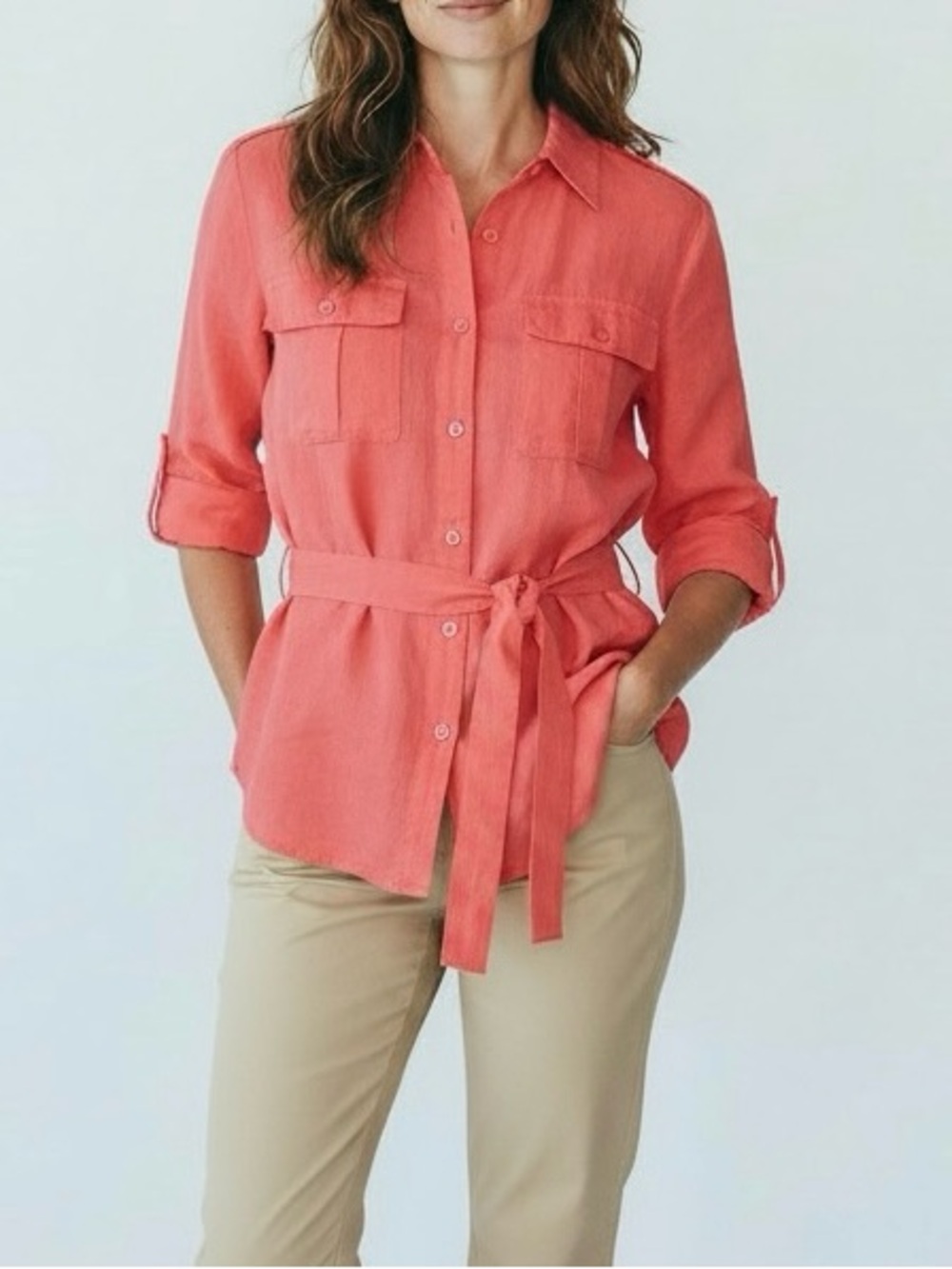 Chaus Coral Button-Down Tie-Waist Shirt